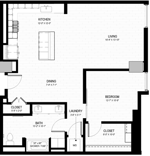 Floor plan for 1 bed, 1 bath, 968 sqft